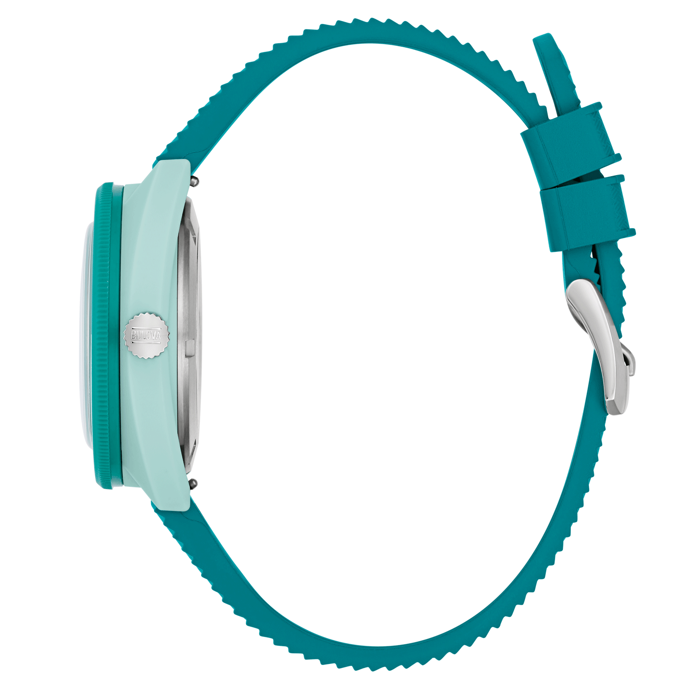 Türkis Uhr mit grünem Armband. Bulova-Logo. Detailaufnahme der Uhr.