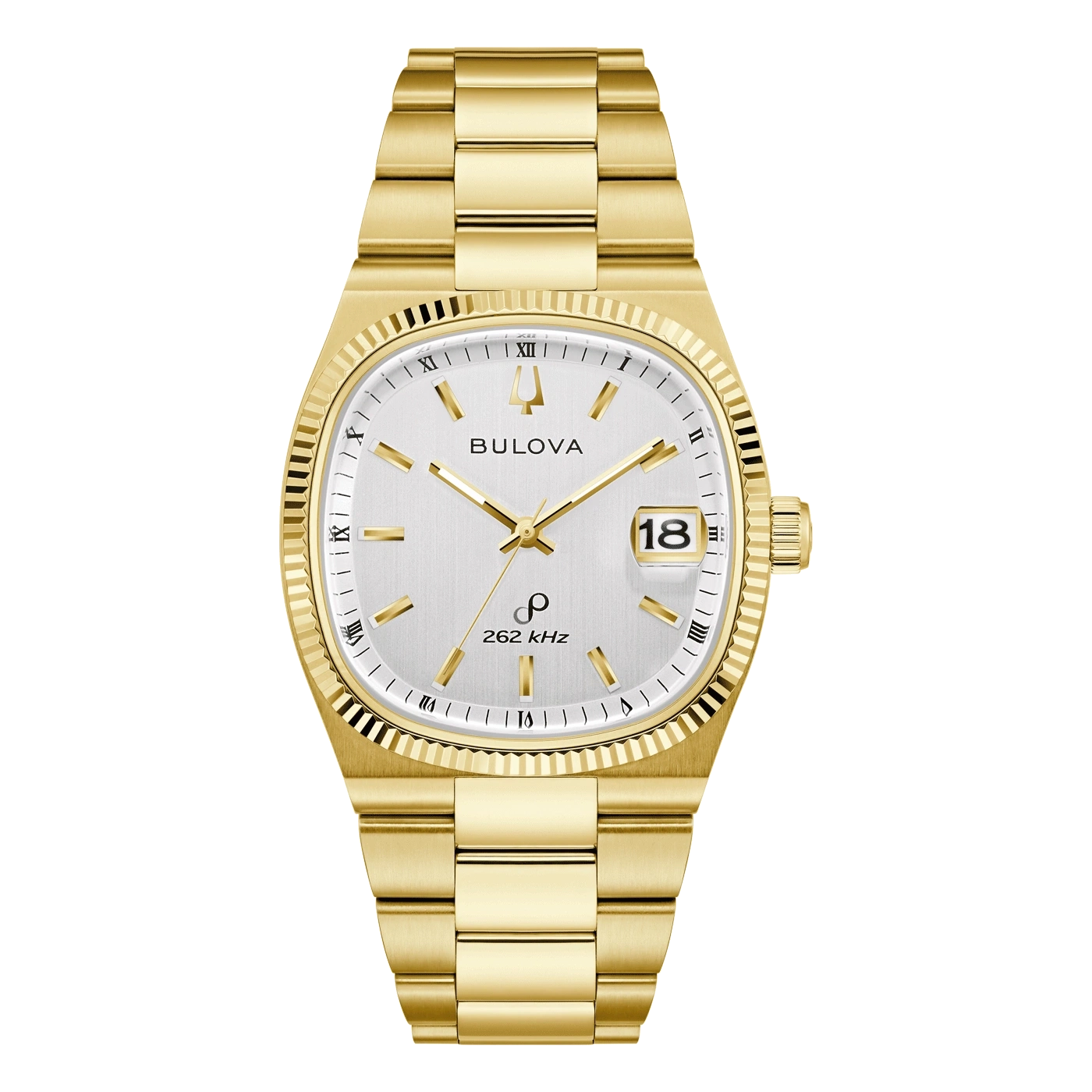 Goldene Bulova-Uhr mit römischen Ziffern und Datumsanzeige auf weißem Zifferblatt.