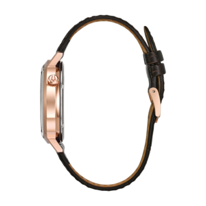 Rosegoldene Uhr mit braunem Lederarmband, Seitenansicht, Detailaufnahme