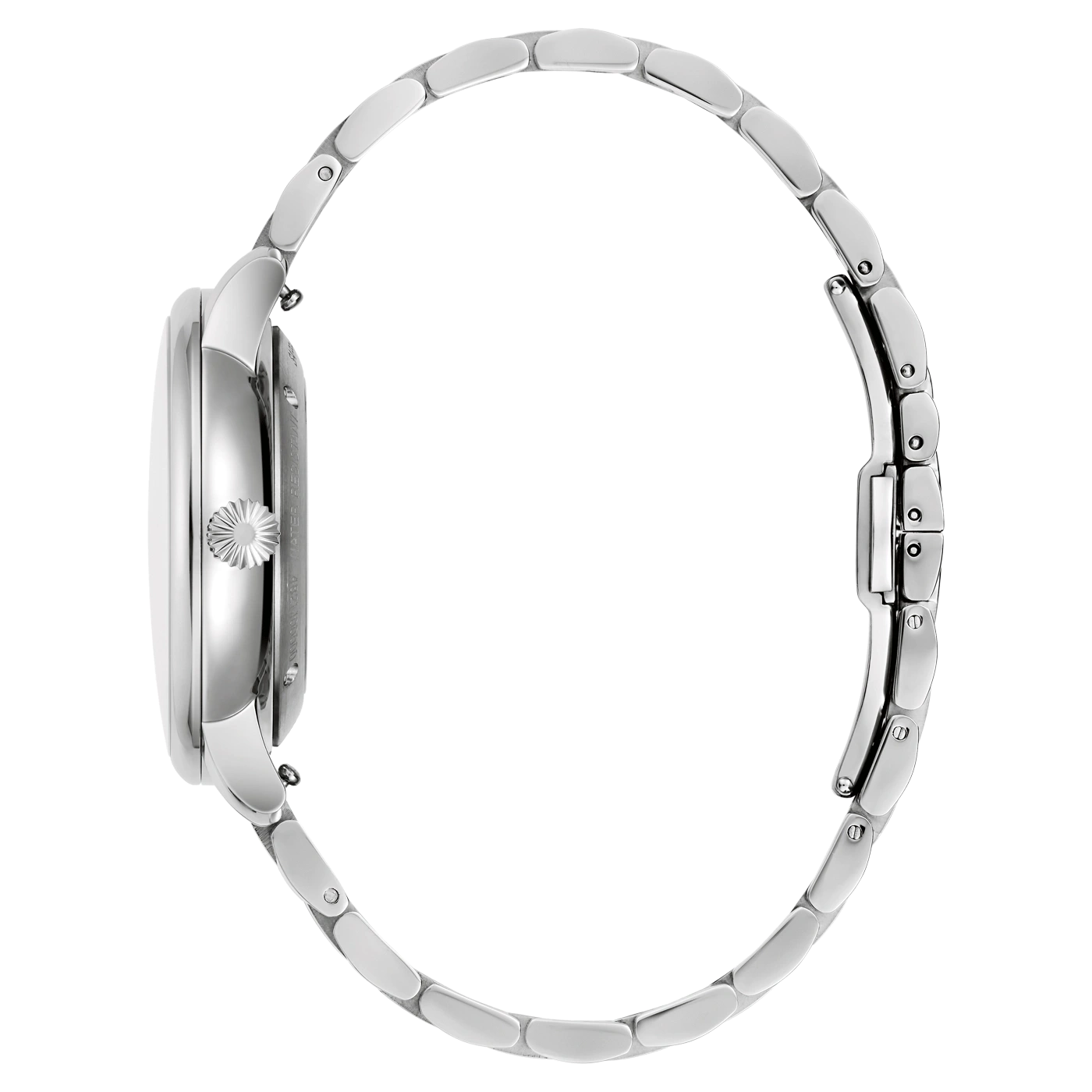 Uhr, silbernes Armband, Seitenansicht, rundes Zifferblatt, elegantes Design, Accessoire, Mode
