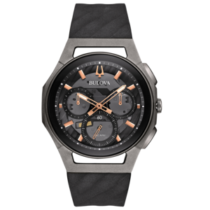 Bulova Uhr, schwarzes Zifferblatt, roségoldene Akzente, schwarzes Armband, Detailaufnahme