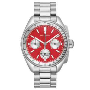 Bulova-Uhr mit rotem Zifferblatt und silbernem Armband, Tachymeter-Funktion.