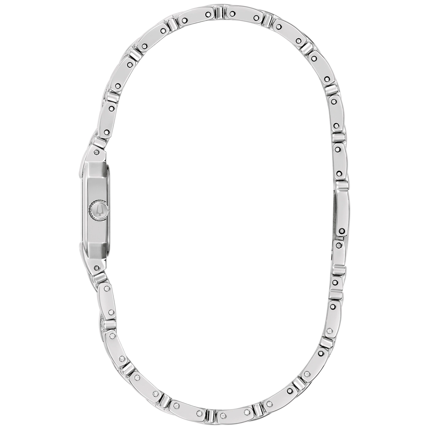 Eine silberne Damenuhr mit rechteckigem Gehäuse und feinem Gliederarmband.