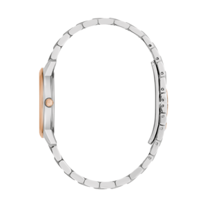 Uhr, silbernes Armband, roségoldenes Zifferblatt, Seitenansicht, elegantes Design, Accessoire