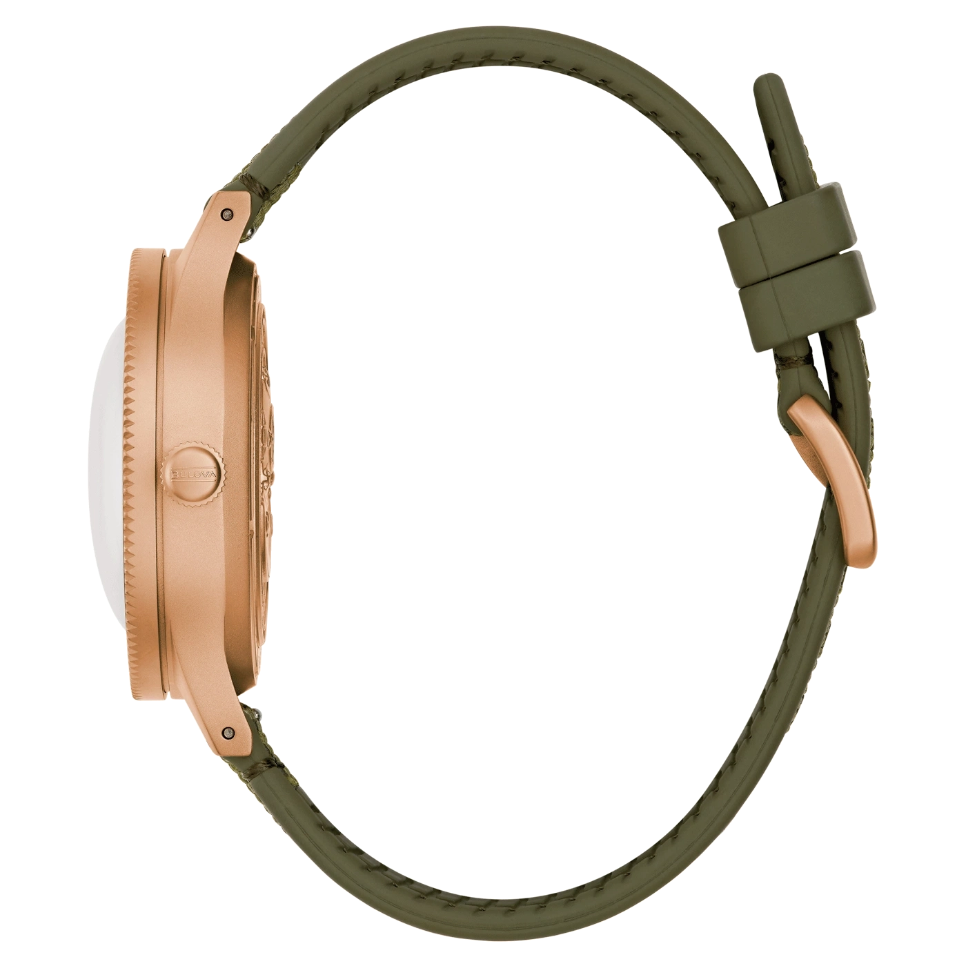 Bulova-Uhr, roségoldenes Gehäuse, olivgrünes Armband, Seitenansicht, Detailaufnahme