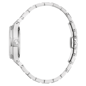 Silberne Uhr mit Armband, Seitenansicht, elegantes Design, Accessoire, Mode, Schmuck, Zeitmessung.