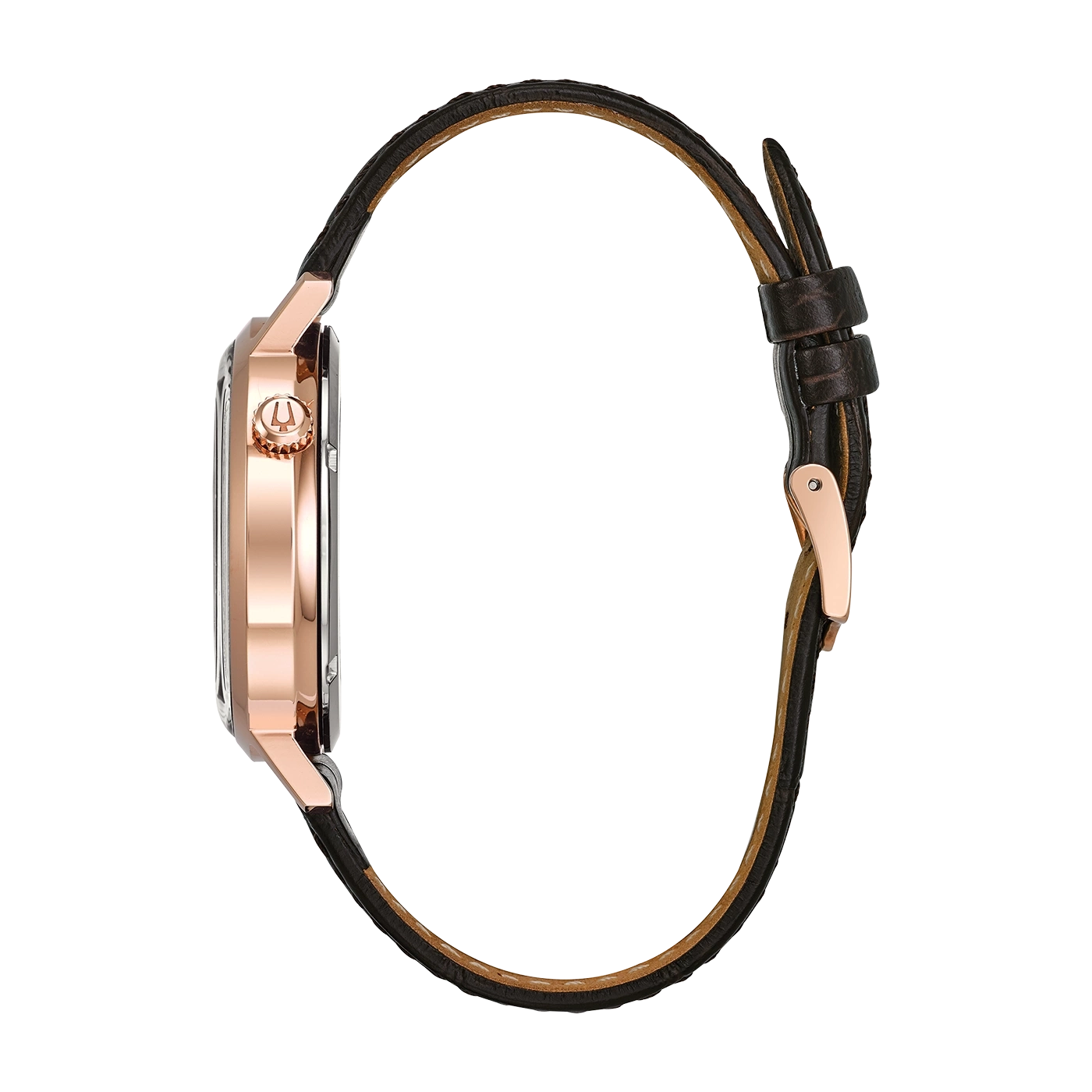 Rosegoldene Uhr mit braunem Lederarmband, Seitenansicht, Detailaufnahme