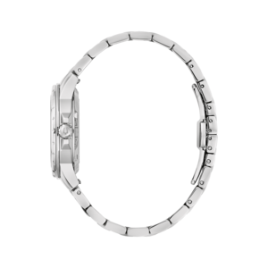 Silberne Damenuhr mit Armband, Seitenansicht, elegant und stilvoll