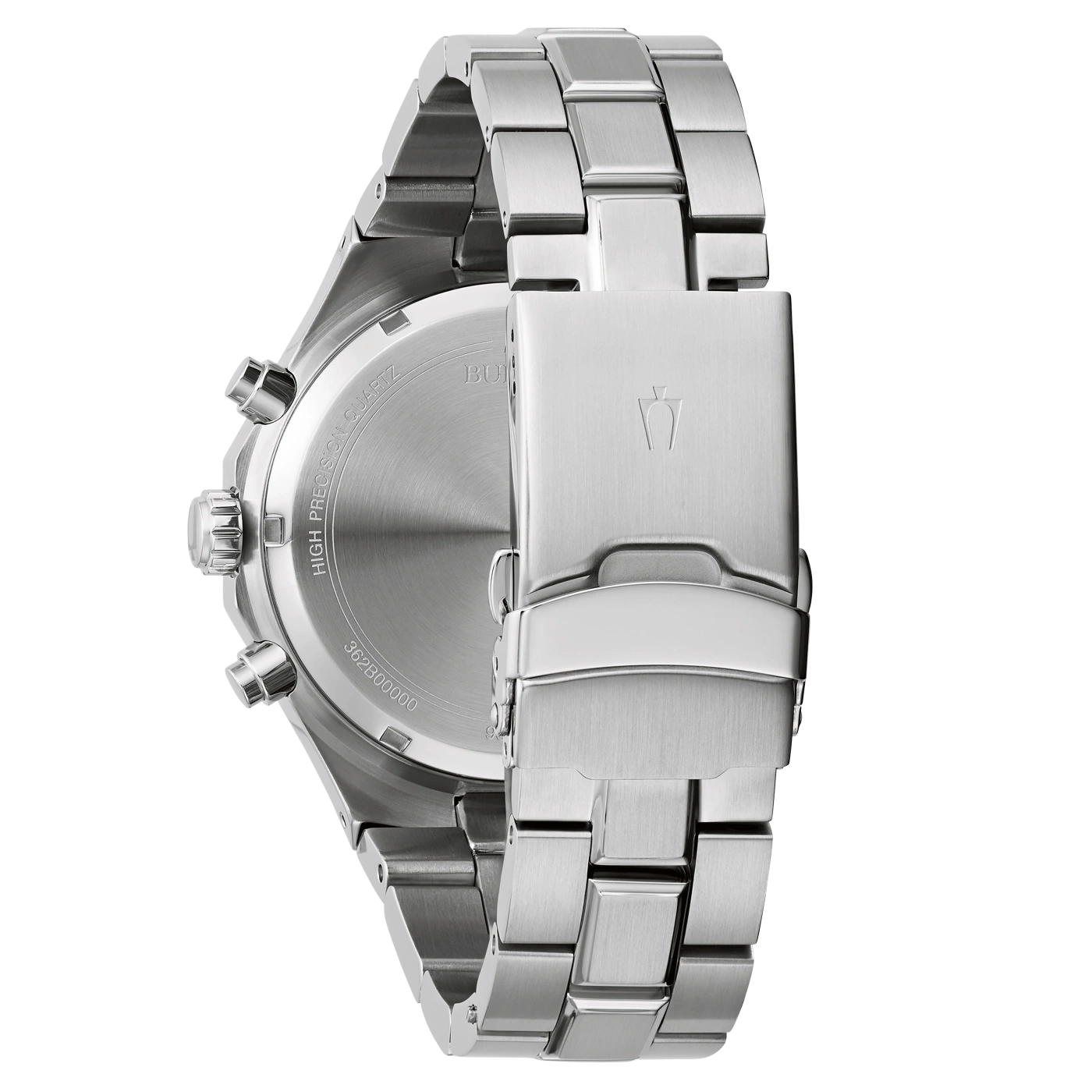 Edelstahl-Armbanduhr mit silbernem Gehäuse und Armband, Nahaufnahme