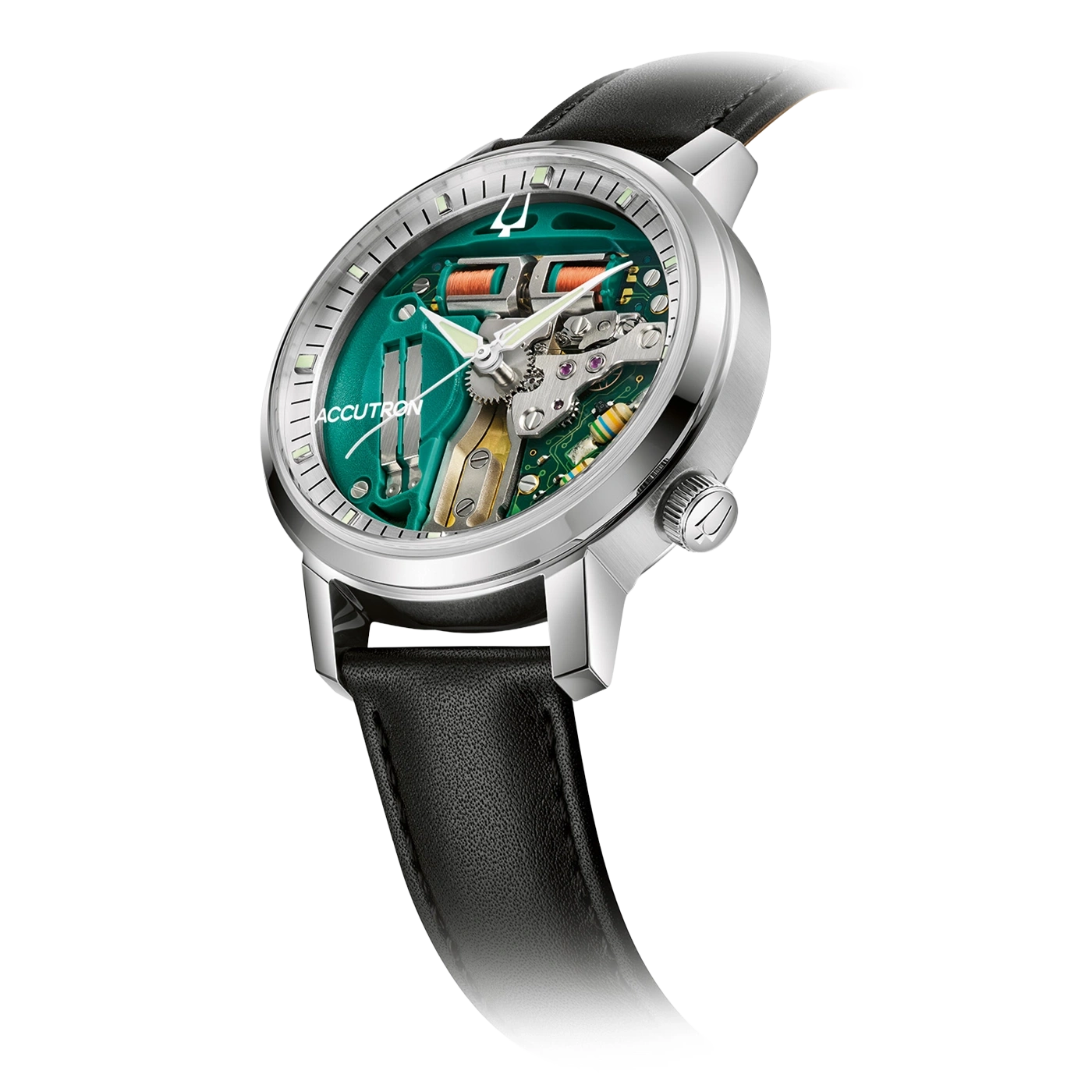 Eine silberne Armbanduhr mit grünem Zifferblatt und schwarzem Lederarmband.