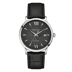 Bulova Herrenuhr mit schwarzem Zifferblatt und Lederarmband, elegant.