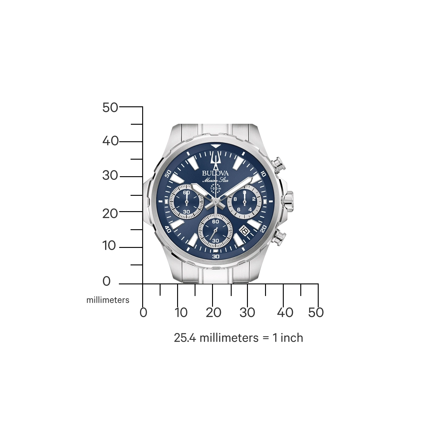 Bulova Marine Star Uhr mit blauer Oberfläche und Messskala in Millimetern.