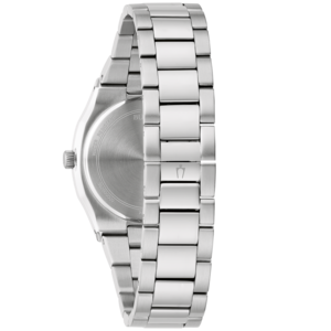 Uhr mit Metallarmband, Nahaufnahme, silberfarben, wasserdicht, Bulova