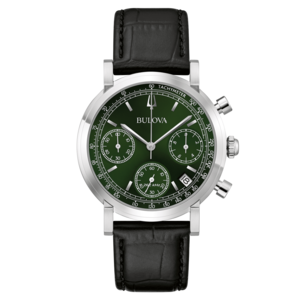 Bulova-Uhr mit grünem Zifferblatt und schwarzem Lederarmband