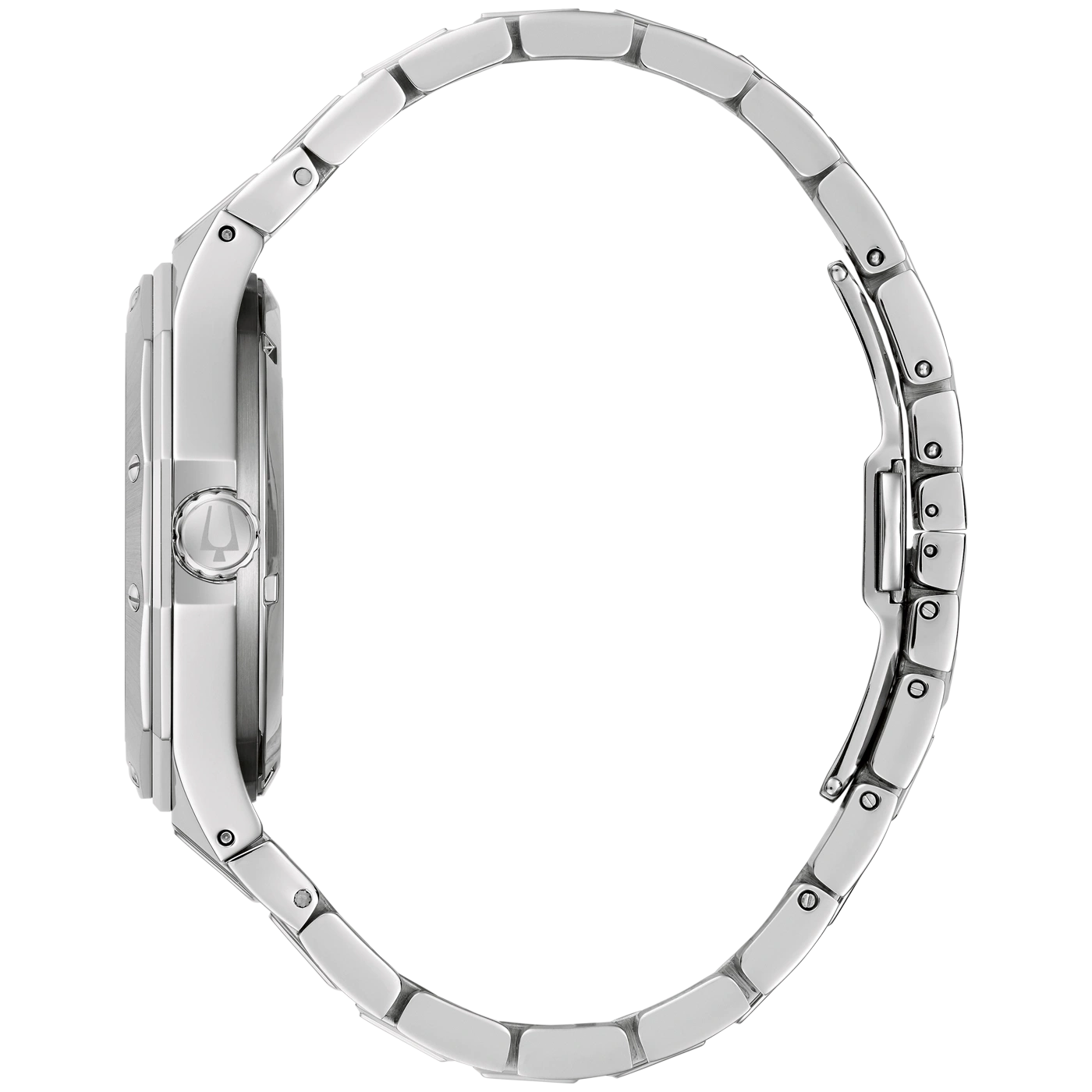 Eine silberne Uhr mit Gliedarmband, im Profil gezeigt.