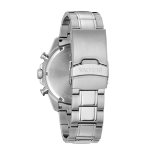 Bulova-Uhr, Edelstahlarmband, silberfarben, Detailaufnahme, Nahaufnahme, Rückseite