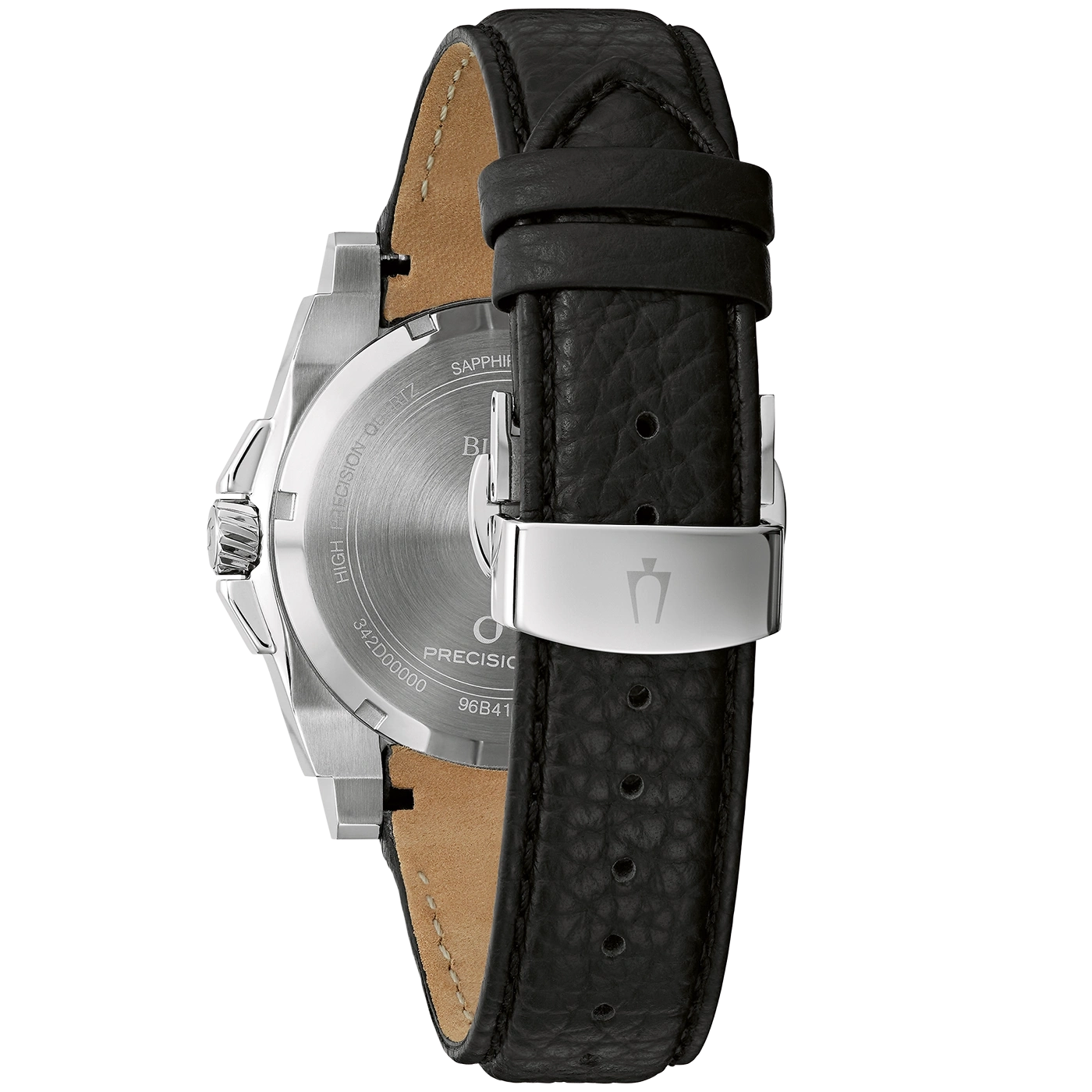 Uhr mit schwarzem Lederarmband und silbernem Gehäuse, Nahaufnahme