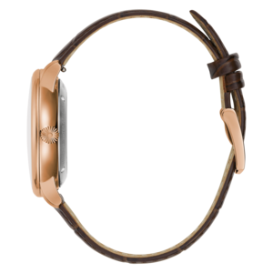 Uhr mit braunem Lederarmband und roségoldfarbenem Gehäuse, Detailaufnahme