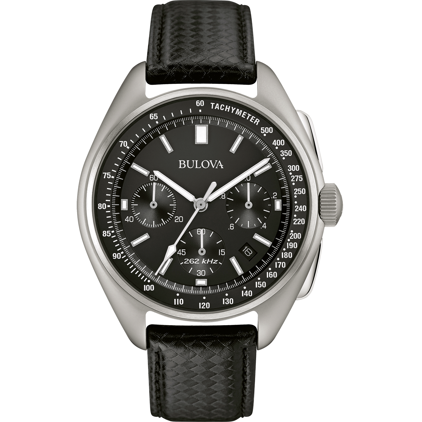 Bulova-Uhr mit schwarzem Zifferblatt und Lederarmband, Tachymeter-Funktion.