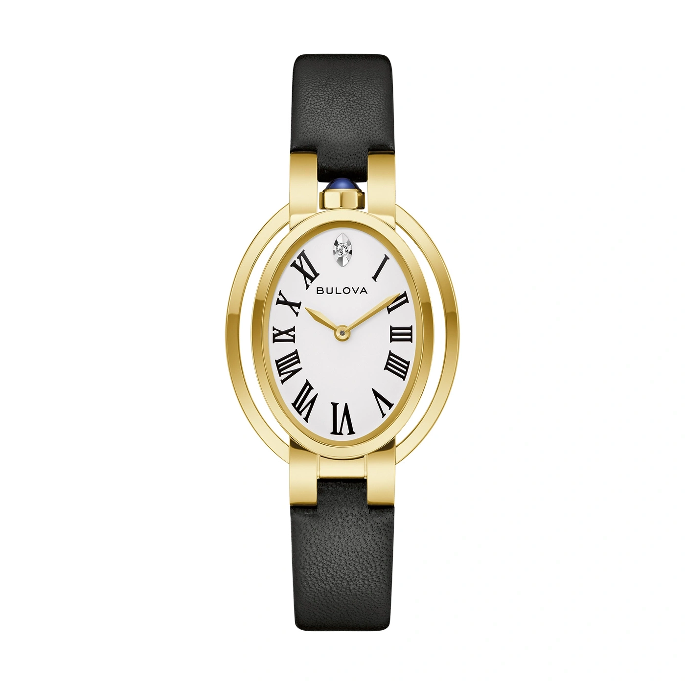 Goldene Damenuhr mit schwarzem Lederarmband und römischen Ziffern auf weißem Zifferblatt