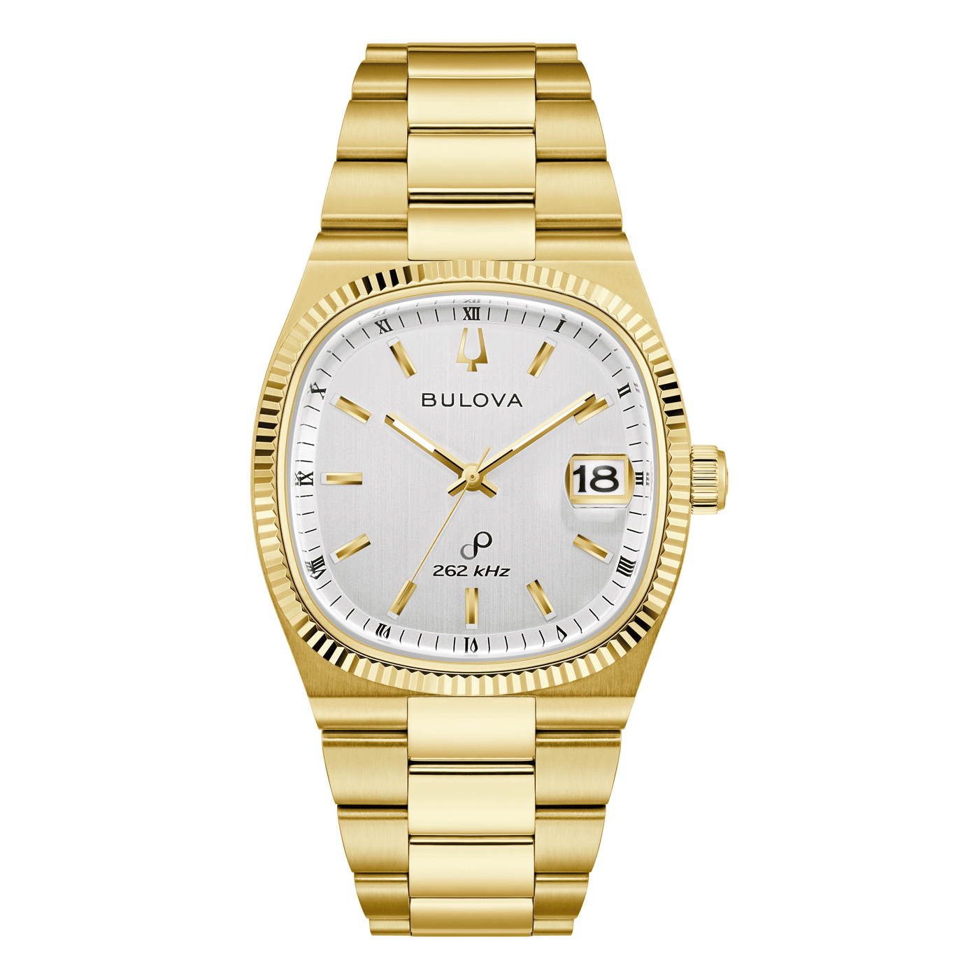 Goldene Bulova-Uhr mit römischen Ziffern und Datumsanzeige auf weißem Zifferblatt.