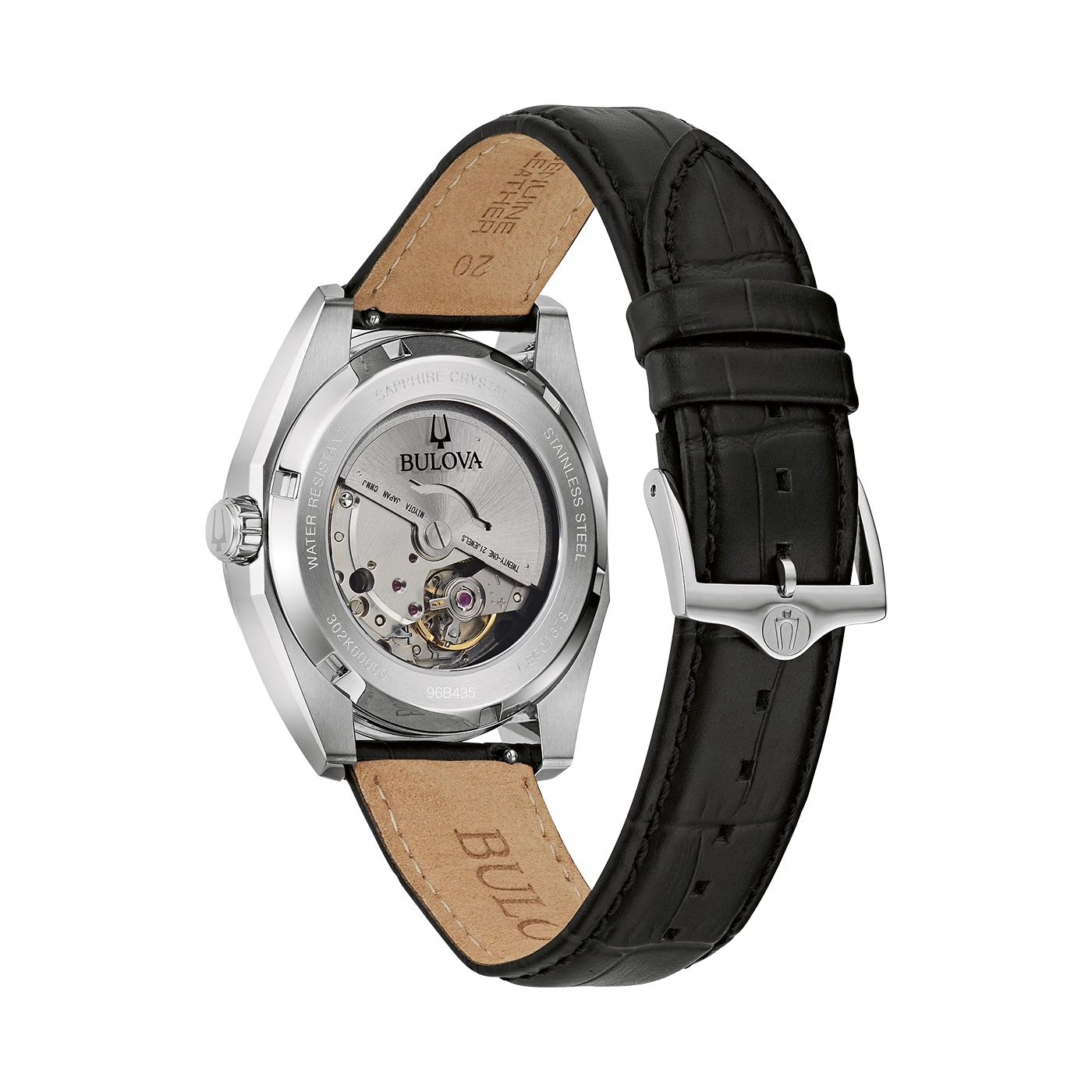 Bulova-Uhr mit Lederarmband, Saphirglas, Edelstahl, wasserdicht, 21 Juwelen.