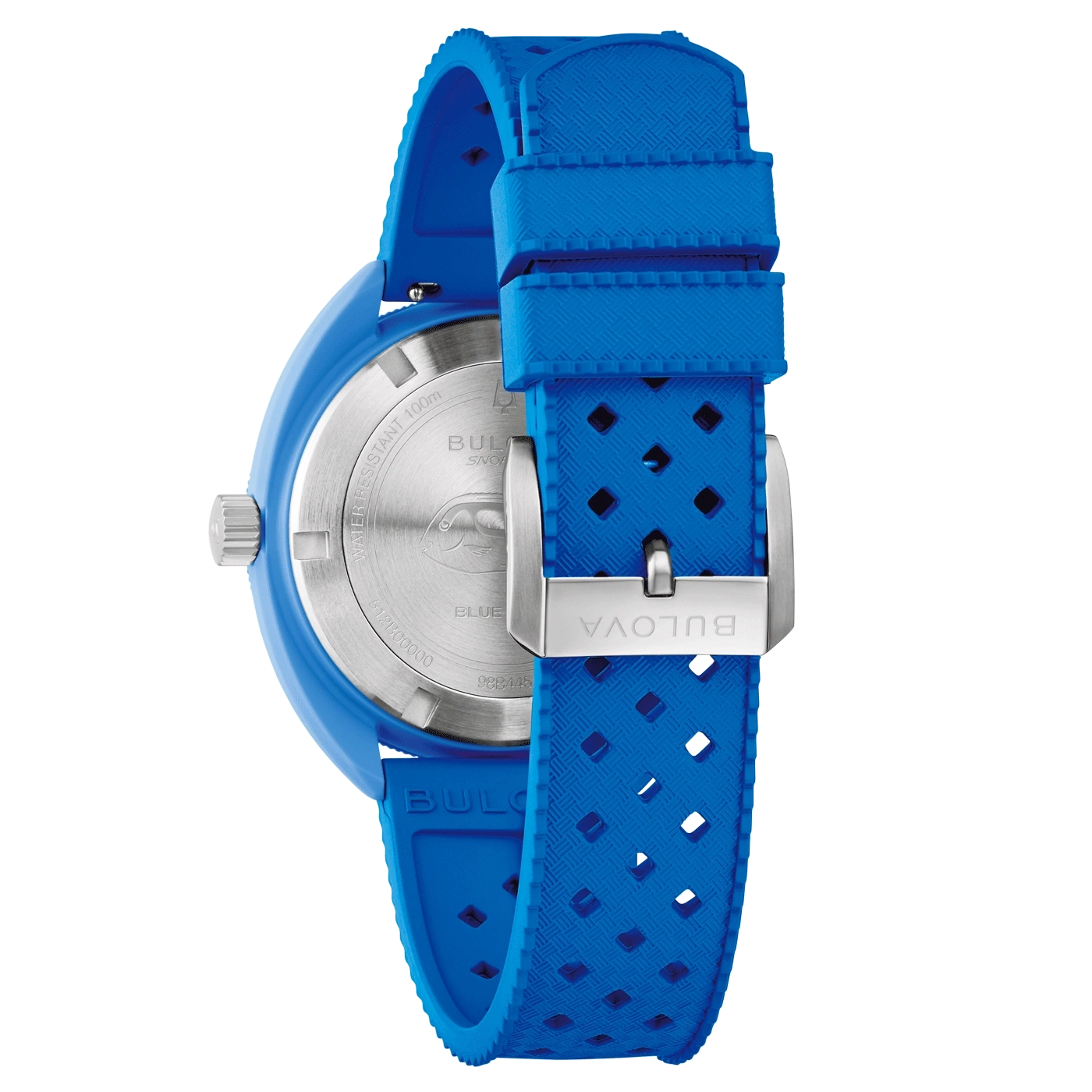 Blaue Bulova-Uhr mit blauem Armband und silberner Schnalle, Nahaufnahme.