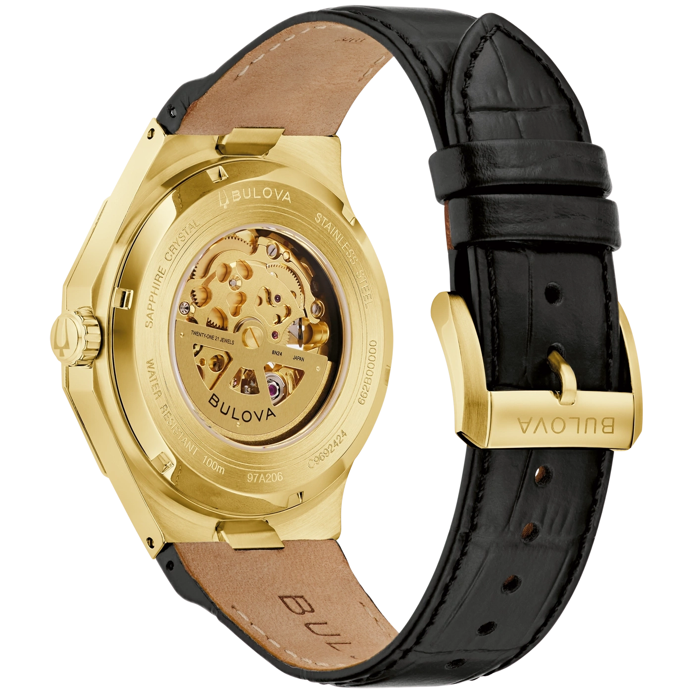 Ein goldener Bulova Automatikuhr mit schwarzem Lederarmband, Rückseite mit Sicht auf das Uhrwerk.