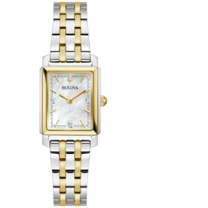 Bulova Damenuhr, rechteckiges Zifferblatt, goldfarben, silberfarbenes Armband, Schmuck