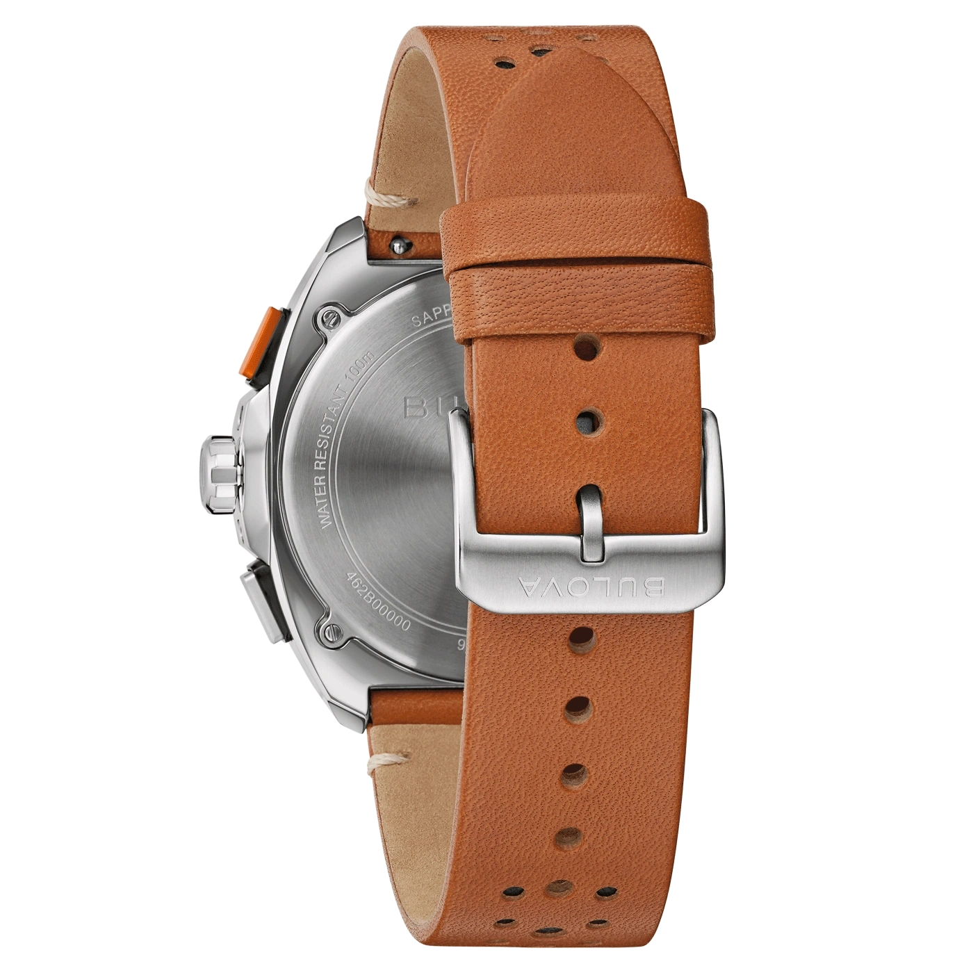 Rückseite einer braunen Lederarmbanduhr mit silbernem Gehäuse und Bulova-Logo.