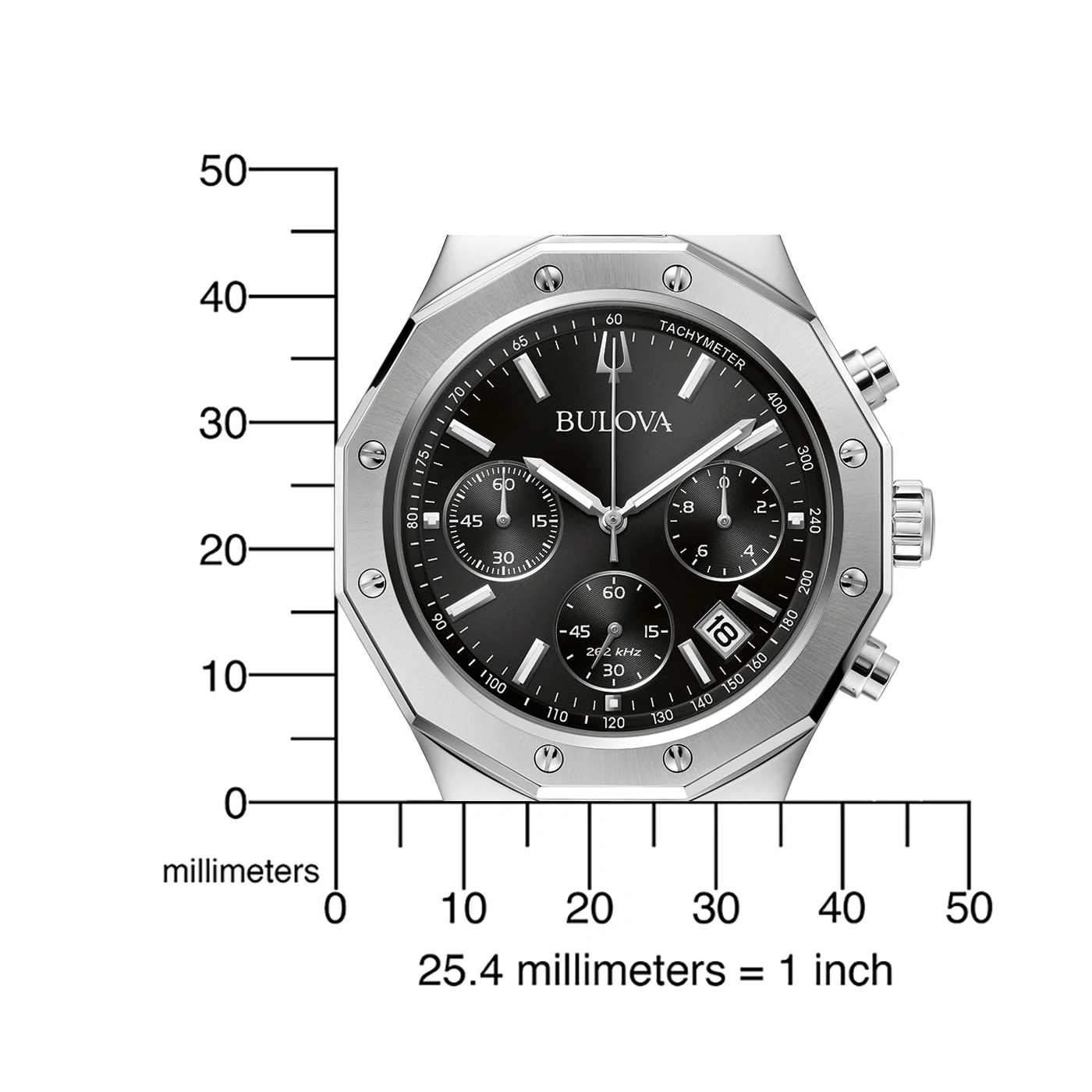 Uhr mit Tachymeter und Bulova-Logo, mit Millimeter-Skala zur Größenbestimmung.