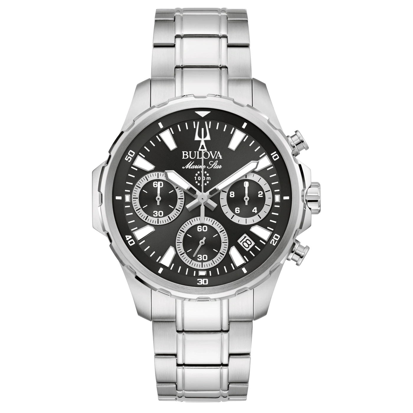 Bulova Marine Star Uhr, silbernes Armband, schwarzes Zifferblatt, Chronograph, 100m wasserdicht.