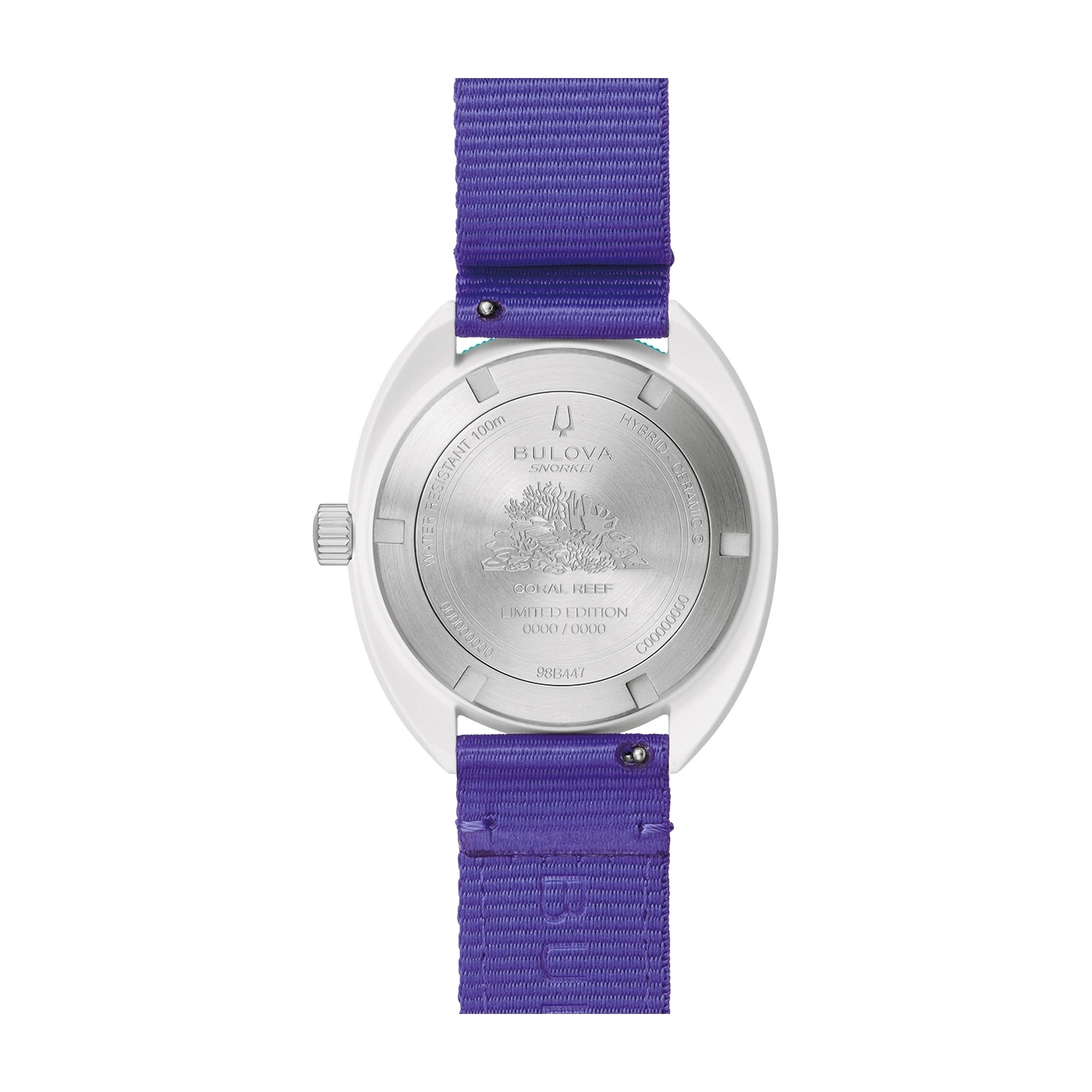 Bulova Snorkel Uhr, Rückseite, lila Armband, Coral Reef, Limited Edition.