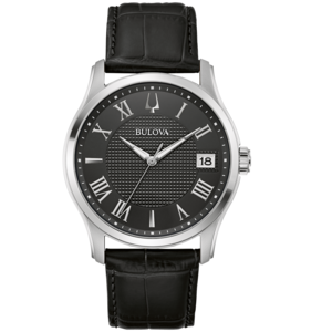 Bulova Herrenuhr mit schwarzem Zifferblatt und Lederarmband, elegant.