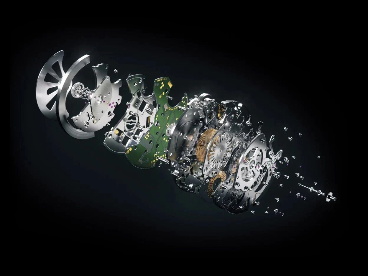 Explodierte Ansicht einer Uhr, die ihre komplexen Mechanismen zeigt.