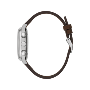 Bulova-Uhr, braunes Lederarmband, silbernes Gehäuse, Seitenansicht, Detailaufnahme