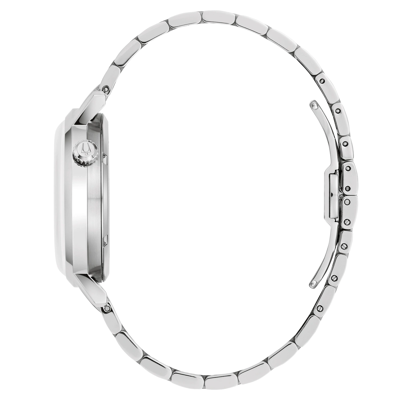 Silberne Uhr mit Armband, Seitenansicht, Detailaufnahme, elegantes Design, Accessoire