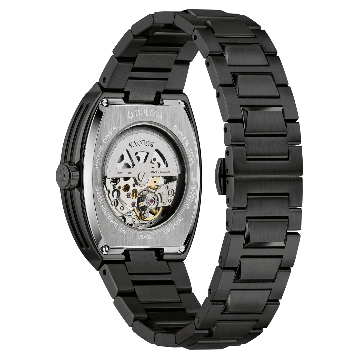 Schwarze Bulova-Uhr mit Saphirglas und Edelstahlgehäuse, wasserdicht bis 50m.