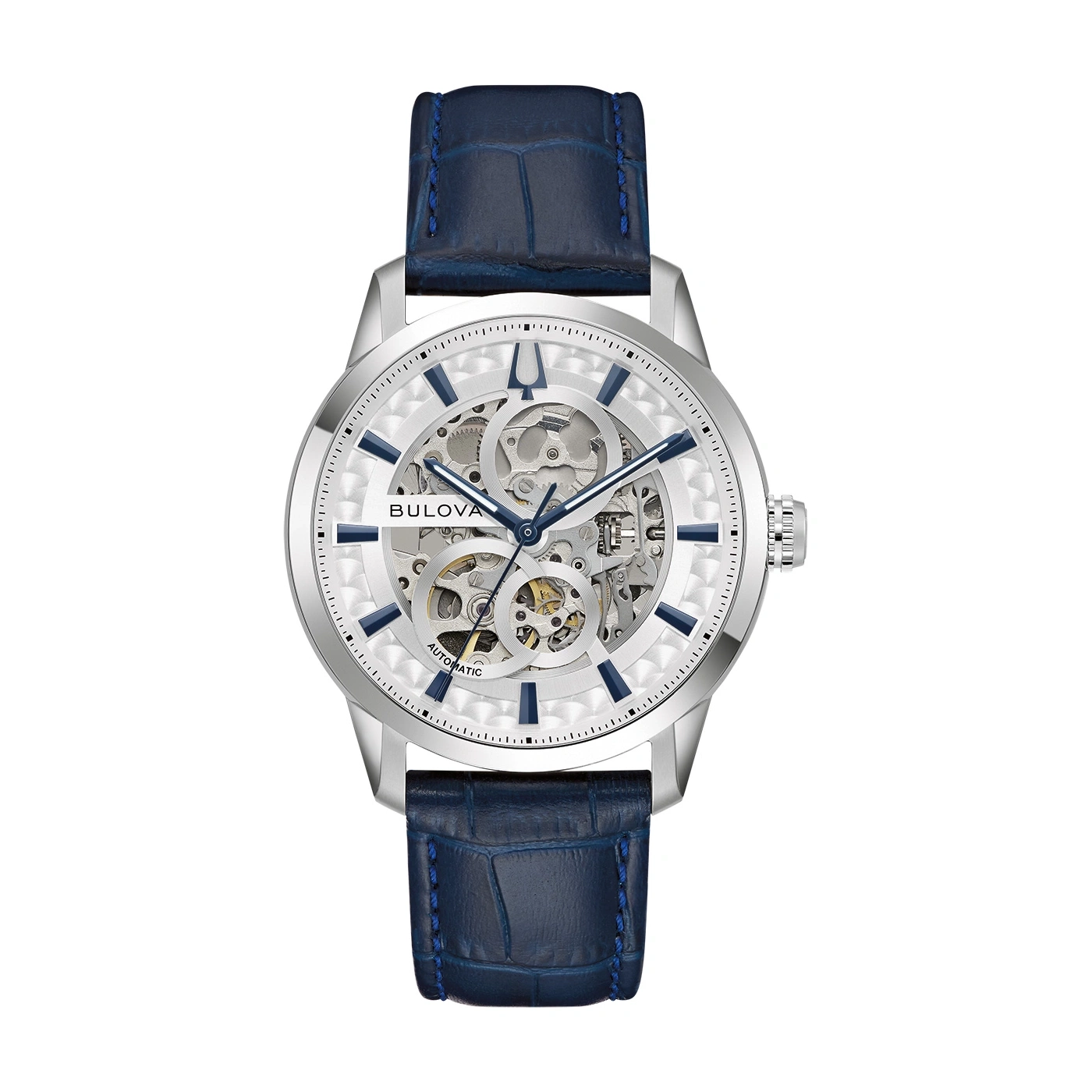 Bulova Herrenuhr mit blauem Lederarmband und skelettiertem Zifferblatt
