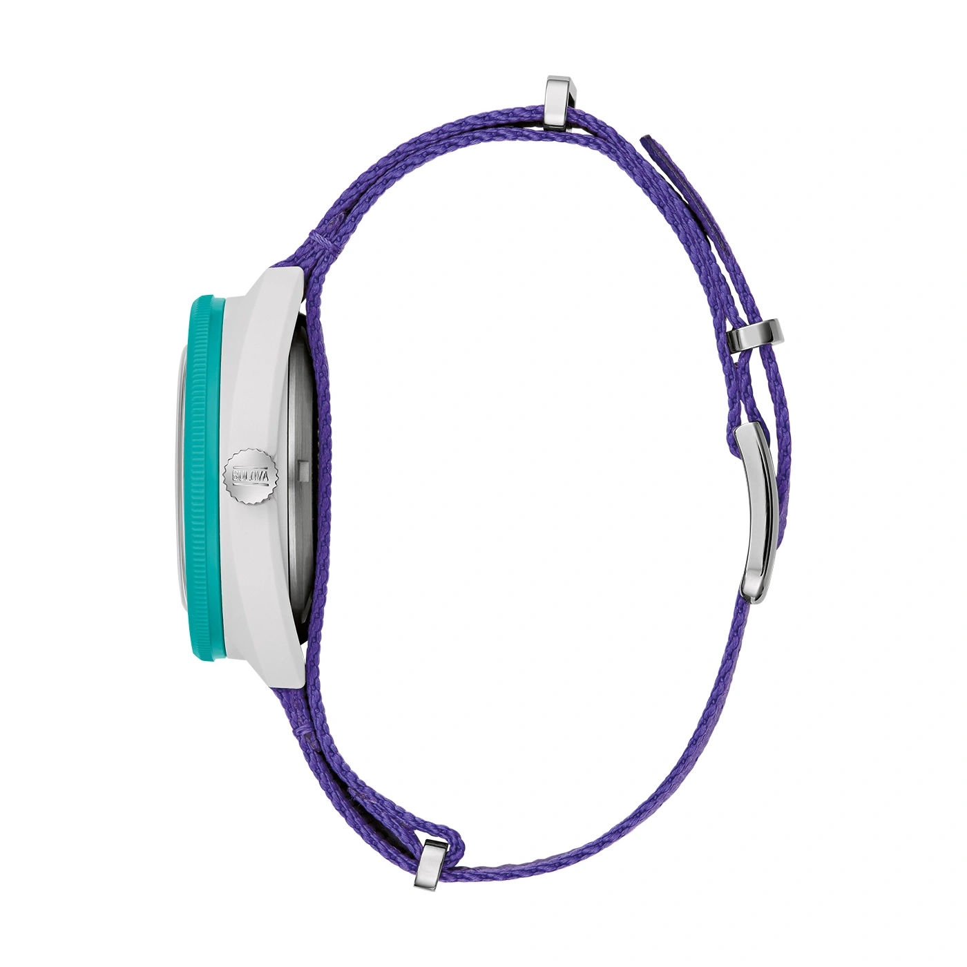 Uhr mit lila Armband und weißem Zifferblatt, Seitenansicht, Nahaufnahme