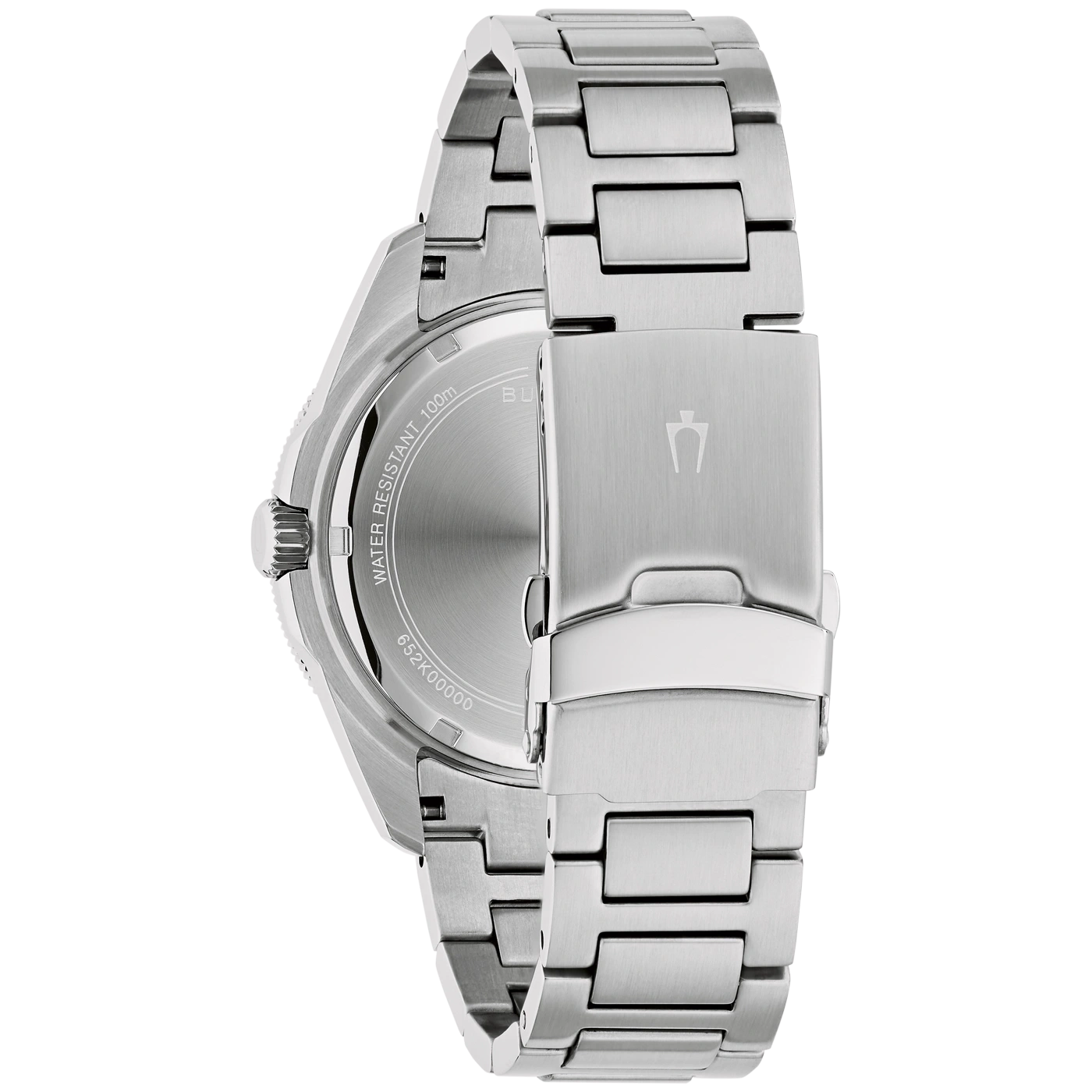 Rückansicht einer silbernen Armbanduhr mit Gravur