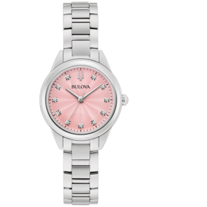 Bulova Damenuhr, rosa Zifferblatt, silbernes Armband, Diamanten, elegant
