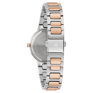 Uhr mit silbernem und roségoldfarbenem Armband, Nahaufnahme, Rückseite