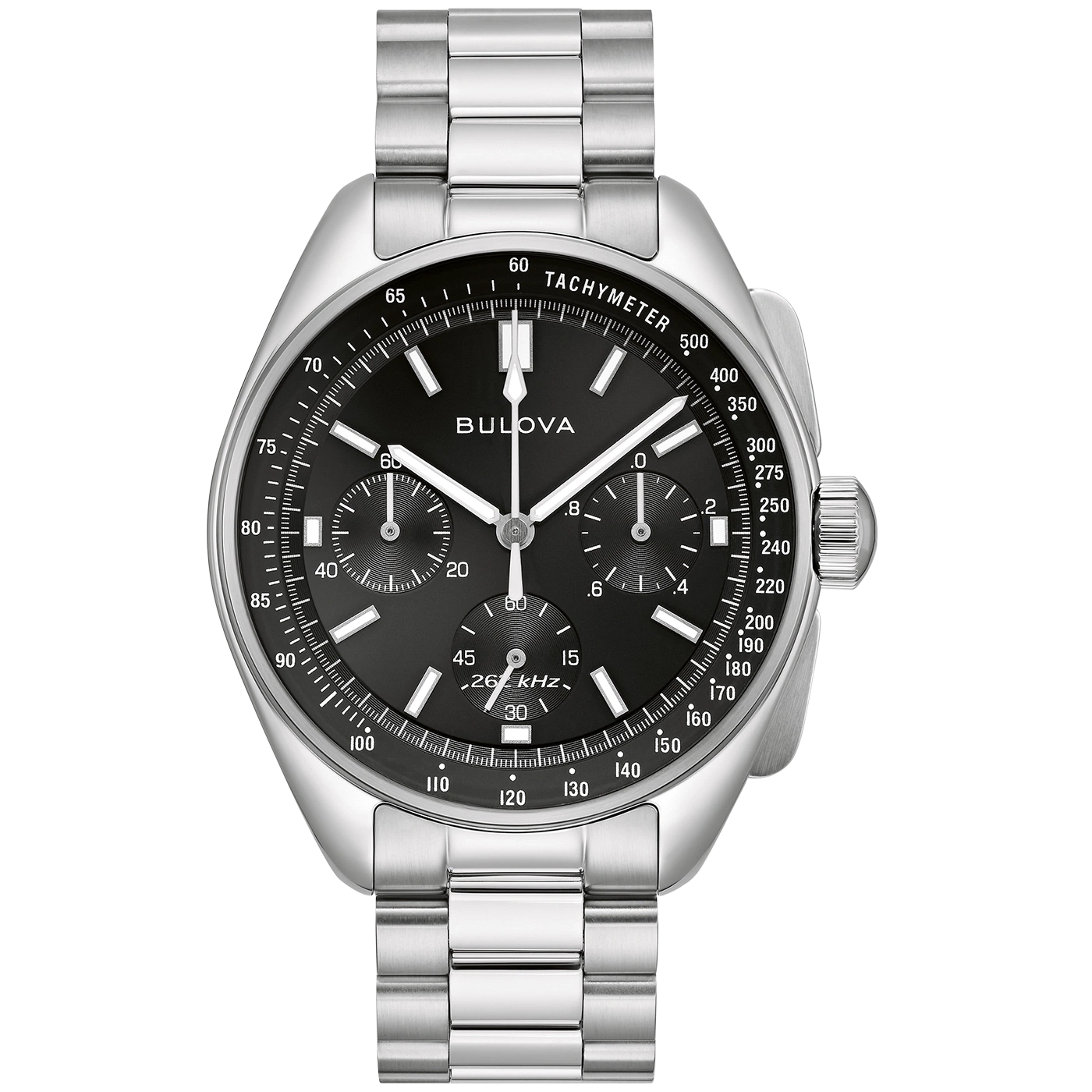 Bulova-Uhr mit schwarzem Zifferblatt und Tachymeter-Funktion, Edelstahlarmband.