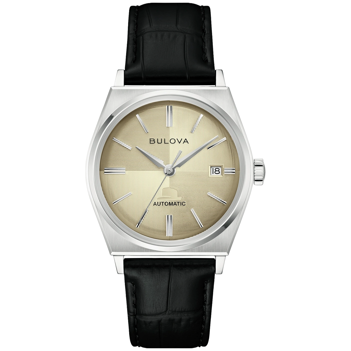 Silberne Bulova Automatikuhr mit schwarzem Lederarmband und goldfarbenem Zifferblatt.