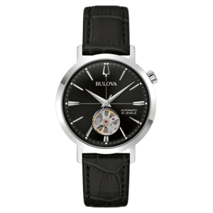 Bulova-Uhr mit schwarzem Zifferblatt und Lederarmband, Automatik, 21 Jewels