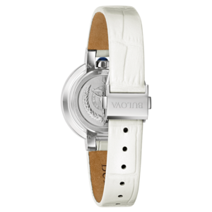 Bulova-Uhr, weißes Lederarmband, 150-jähriges Jubiläum, Detailaufnahme, Nahaufnahme