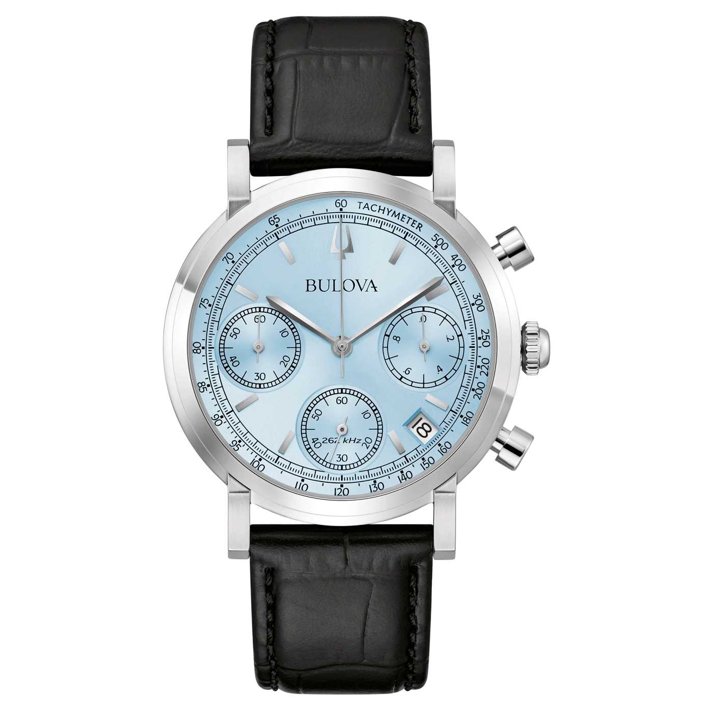 Bulova-Uhr mit hellblauem Zifferblatt und schwarzem Lederarmband.
