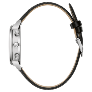 Uhr mit schwarzem Lederarmband. Silbernes Gehäuse. Zeitmesser. Elegantes Design. Chronograph.
