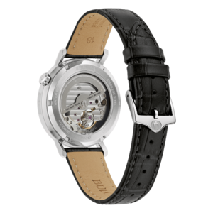 Bulova Uhr, Edelstahl, Lederarmband, skelettiertes Zifferblatt, Automatikwerk, wasserdicht, 21 Juwelen.
